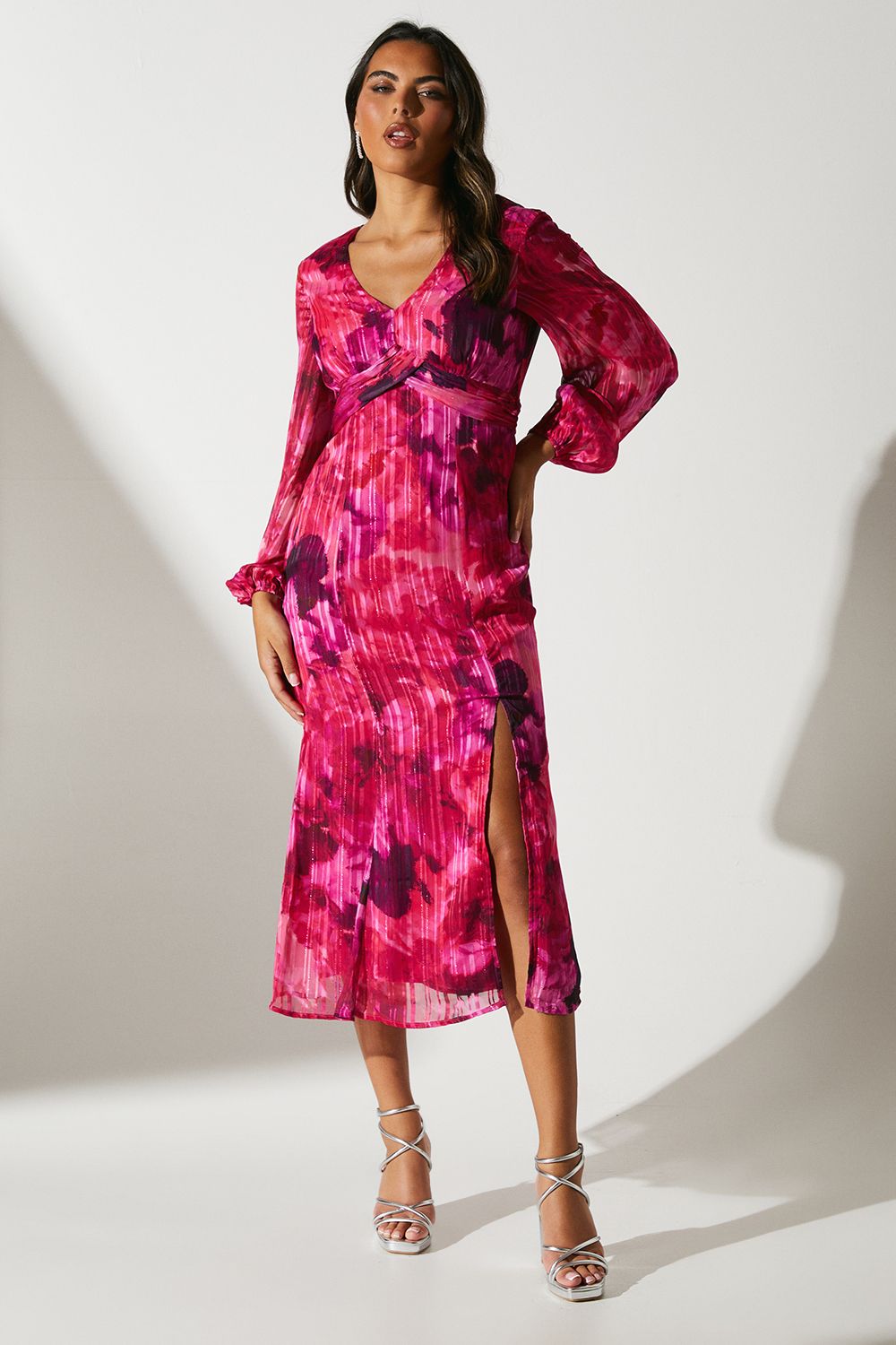 Coast Blouson Pleat Waist Burnout Midi Dress Pink image 1