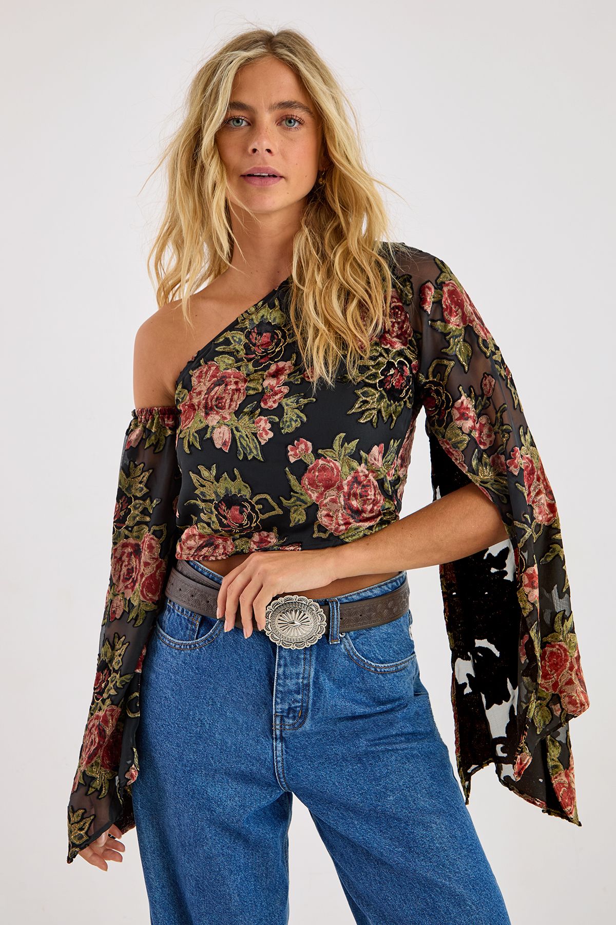 NastyGal Floral Devore Off The Shoulder Fluted Sleeve Top Black