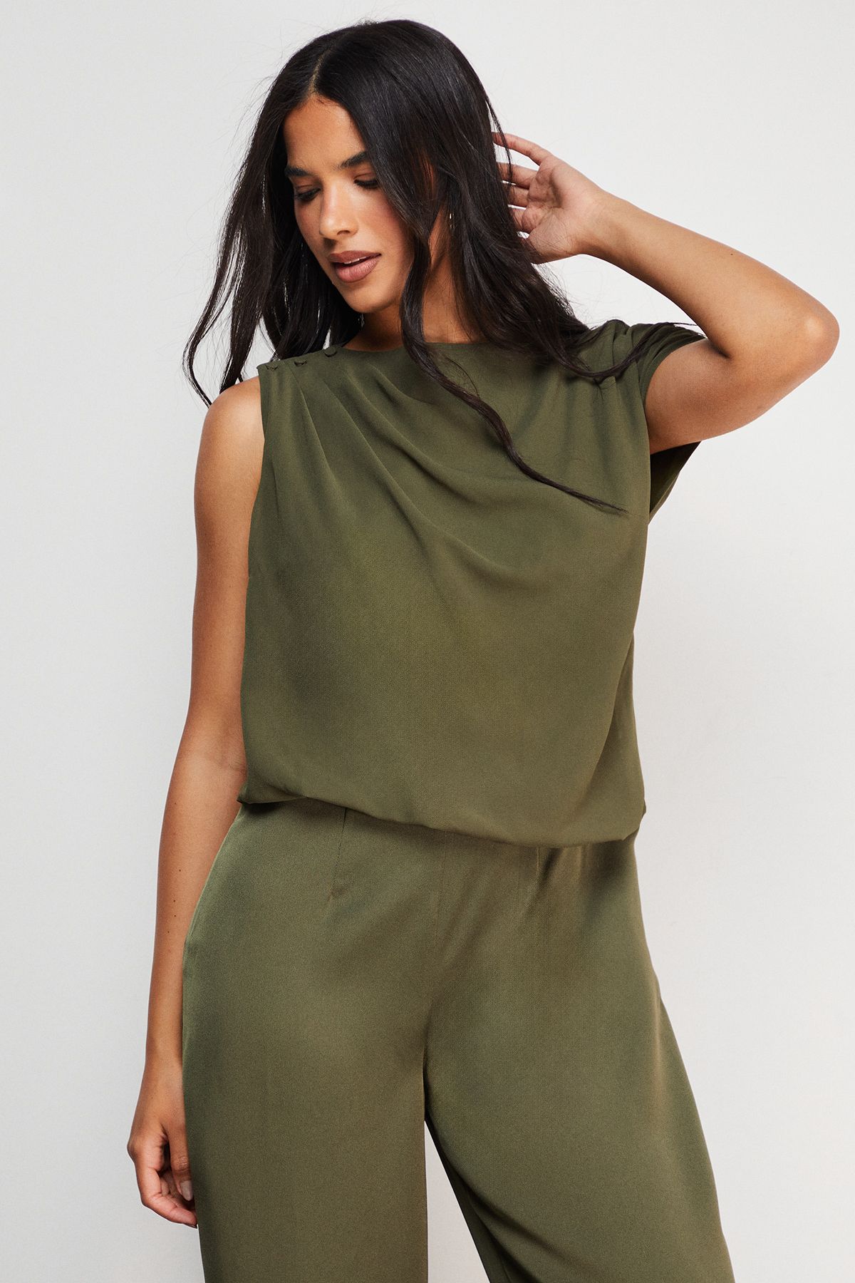 Warehouse Satin Chiffon Mix One Shoulder Drape Jumpsuit Dark Olive image 2