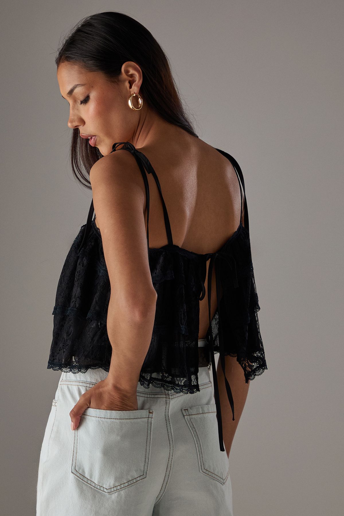 Warehouse Bohemian Lace Strappy Cropped Cami Top Black image 3