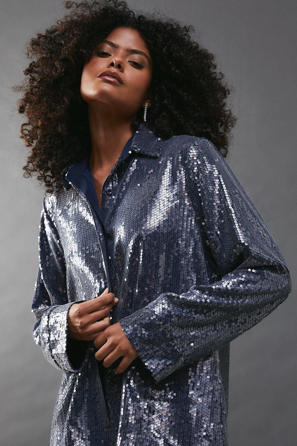 Warehouse Sequin Oversized Shirt Navy image 4