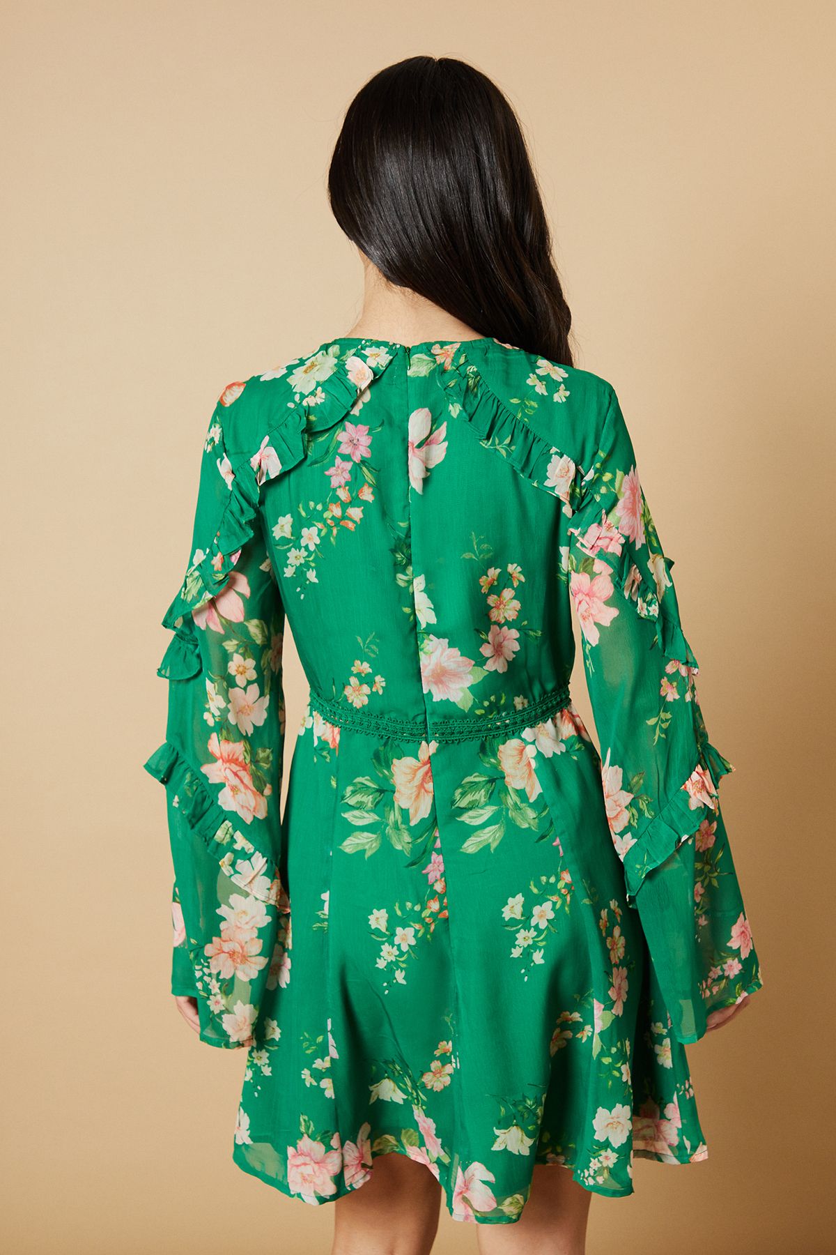 Oasis Floral Chiffon Lace Trim Mini Dress Green image 4