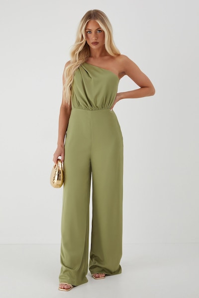 MissPap Knot Detail Asymmetric Neck Wide Leg Jumpsuit Green