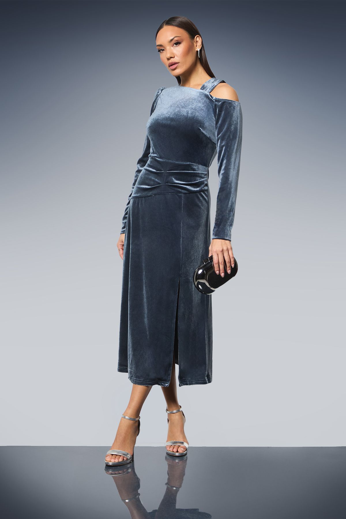 Principles Asymmetric Neck Velvet Midi Dress Silver