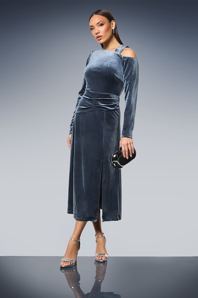 Principles Asymmetric Neck Velvet Midi Dress Silver