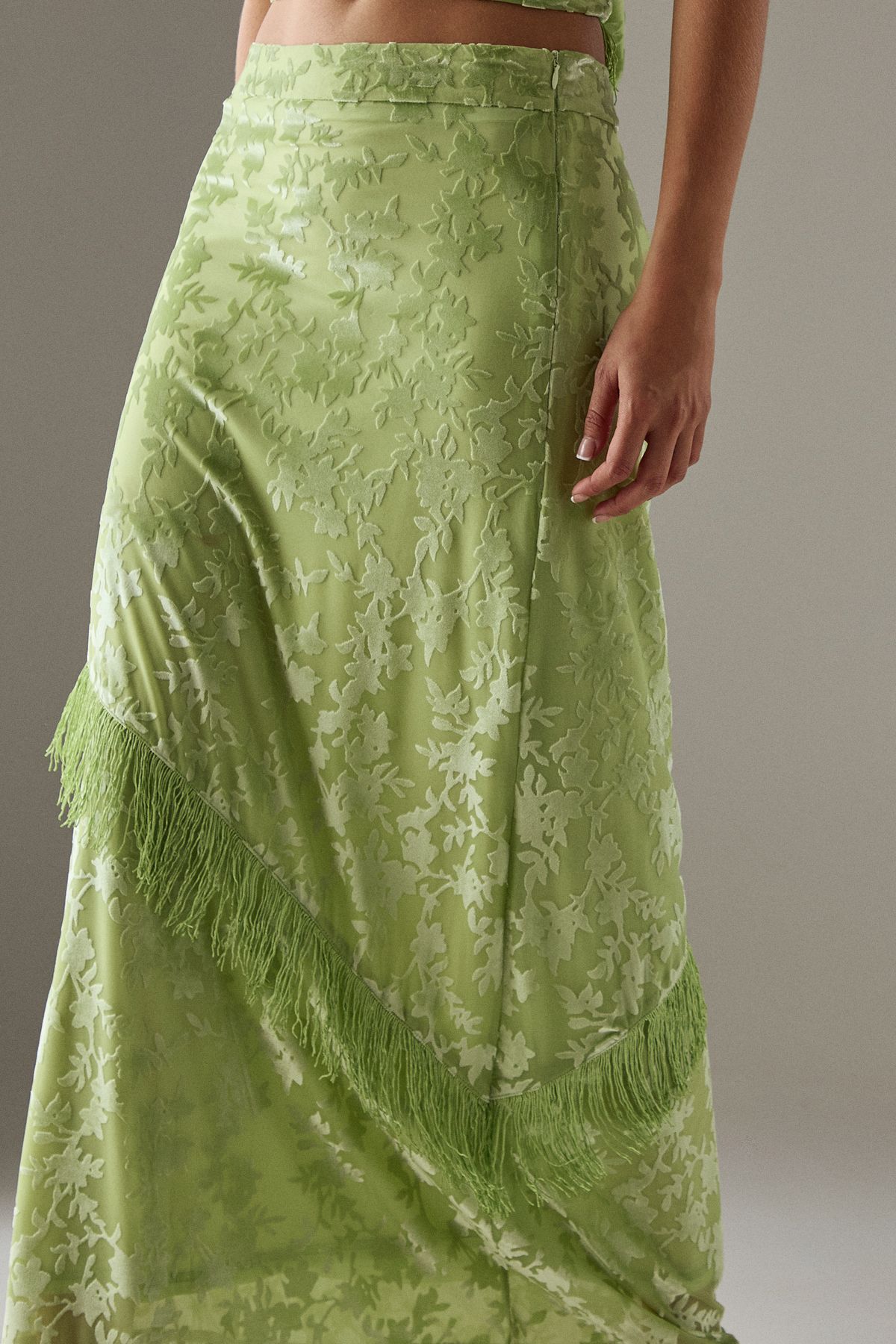 Warehouse Devore Fringe Detail Midi Skirt Apple Green image 4