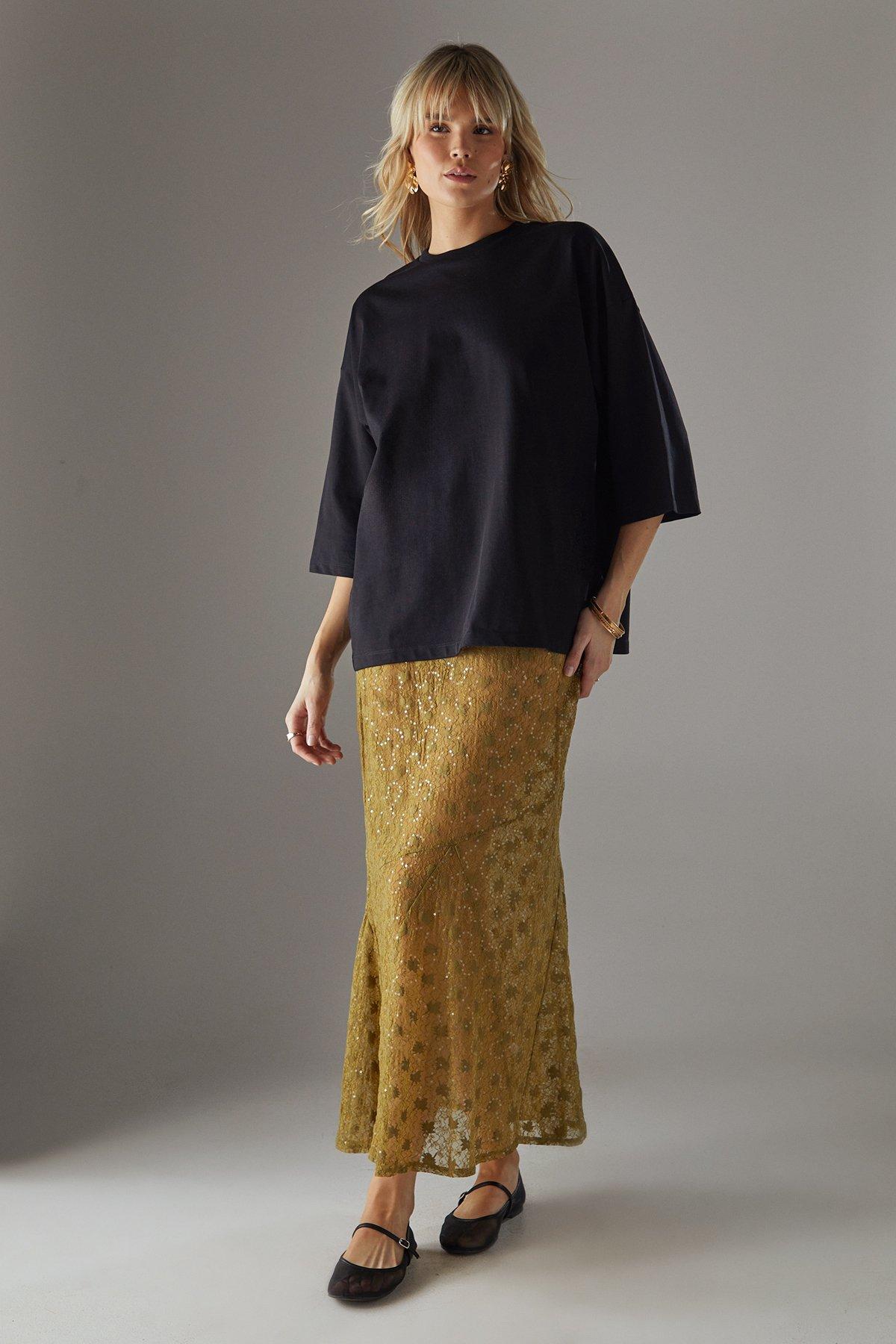 Warehouse Sheer Lace Fishtail Maxi Skirt Khaki