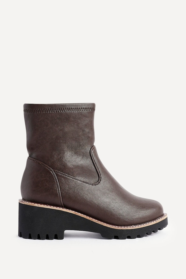 Linzi Pulse Wide Fit Brown Faux Leather Wedged Heel Ankle Boot