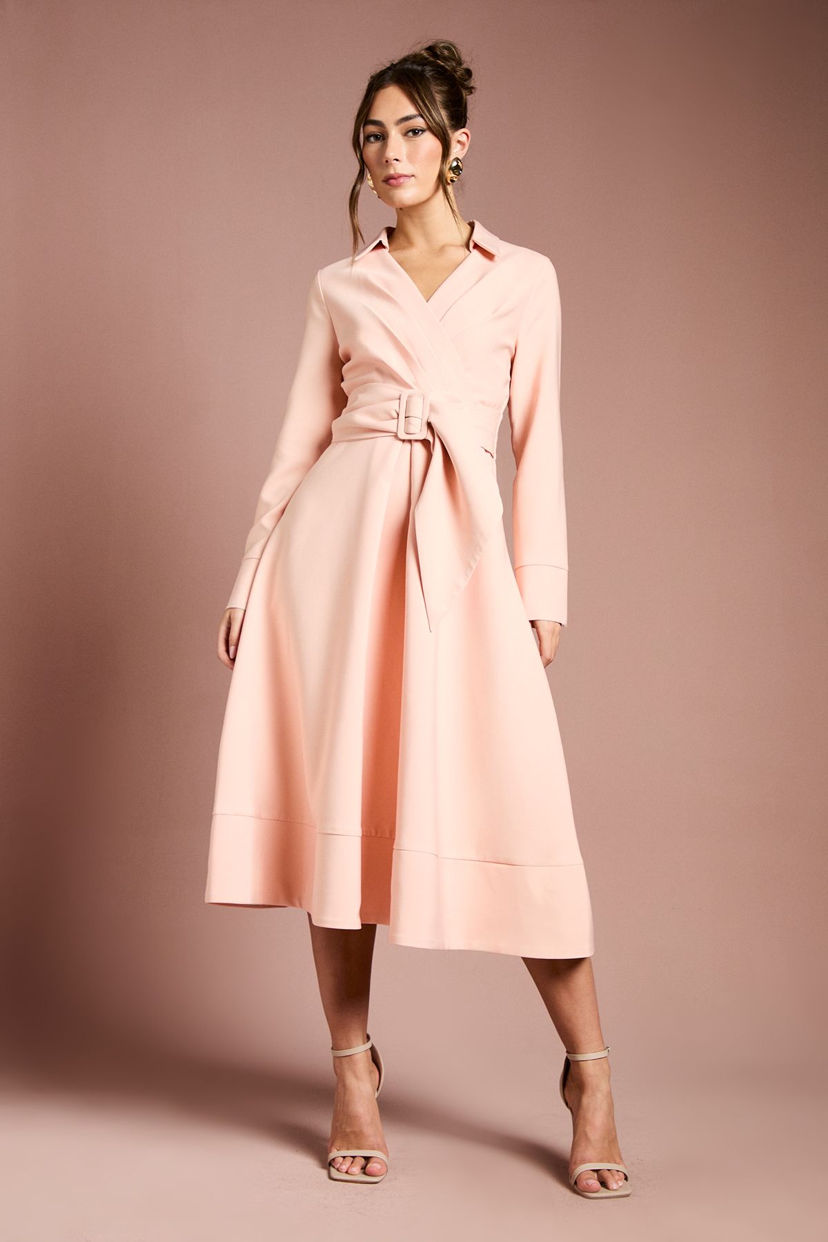 Coast Long Sleeve Belted Crepe Midi Dress Rose