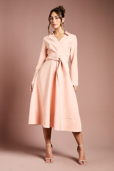 Coast Long Sleeve Belted Crepe Midi Dress Rose