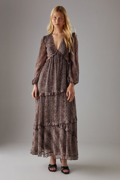 Warehouse Chiffon Cut Out Waist Ruffe Maxi Dress Animal