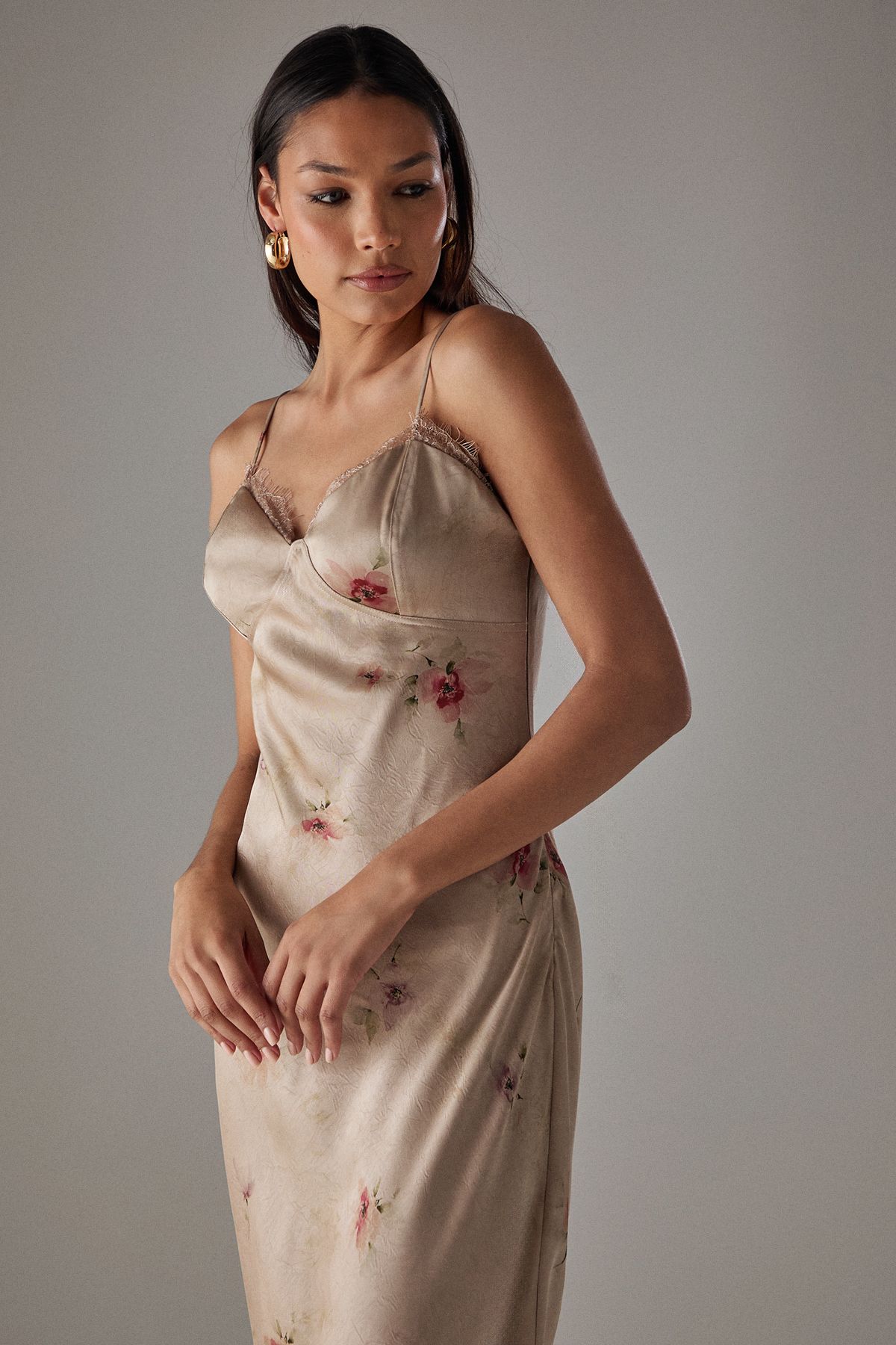 Warehouse Rose Satin Tie Strap Lace Detail Midi Slip Dress Floral image 2