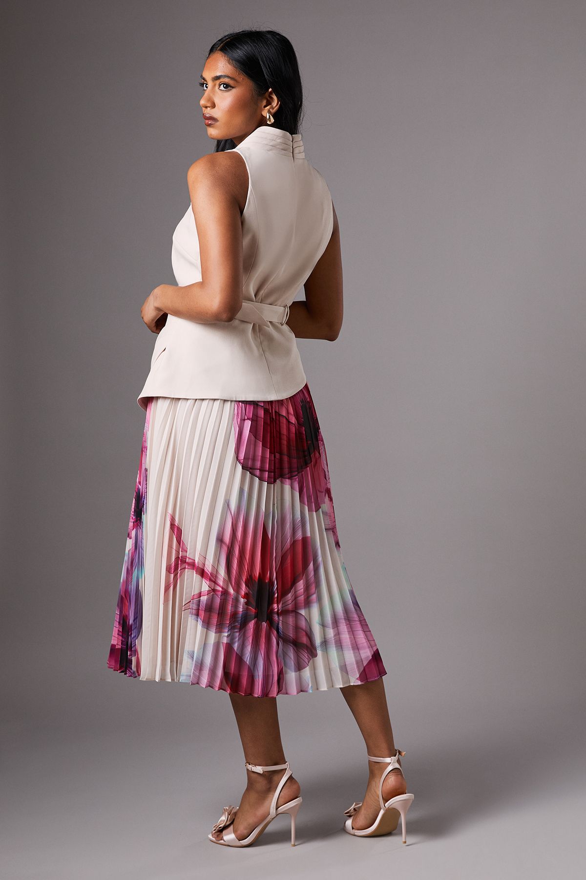 Coast Petite Pleated Skirt V Neck Sleeveless Midi Dress Ecru image 4