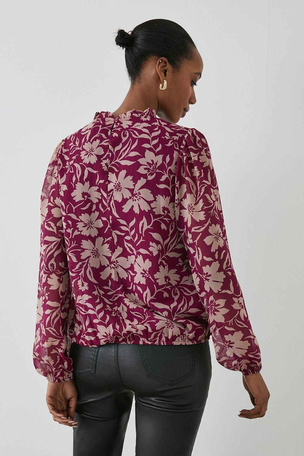 Principles Floral Print Ruffle Neck Bubble Hem Top Plum image 3