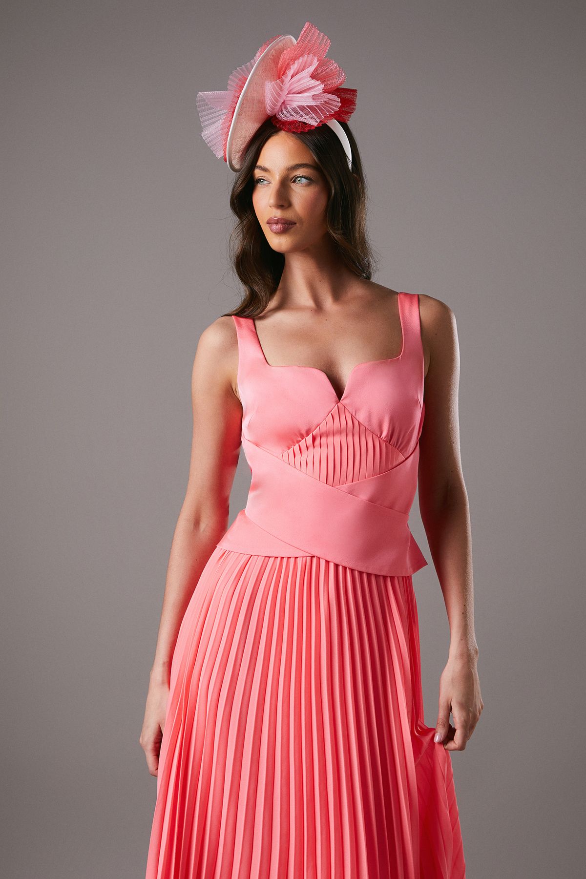 Coast Lisa Tan Peplum Cross Detail Pleated Midi Dress Coral image 2