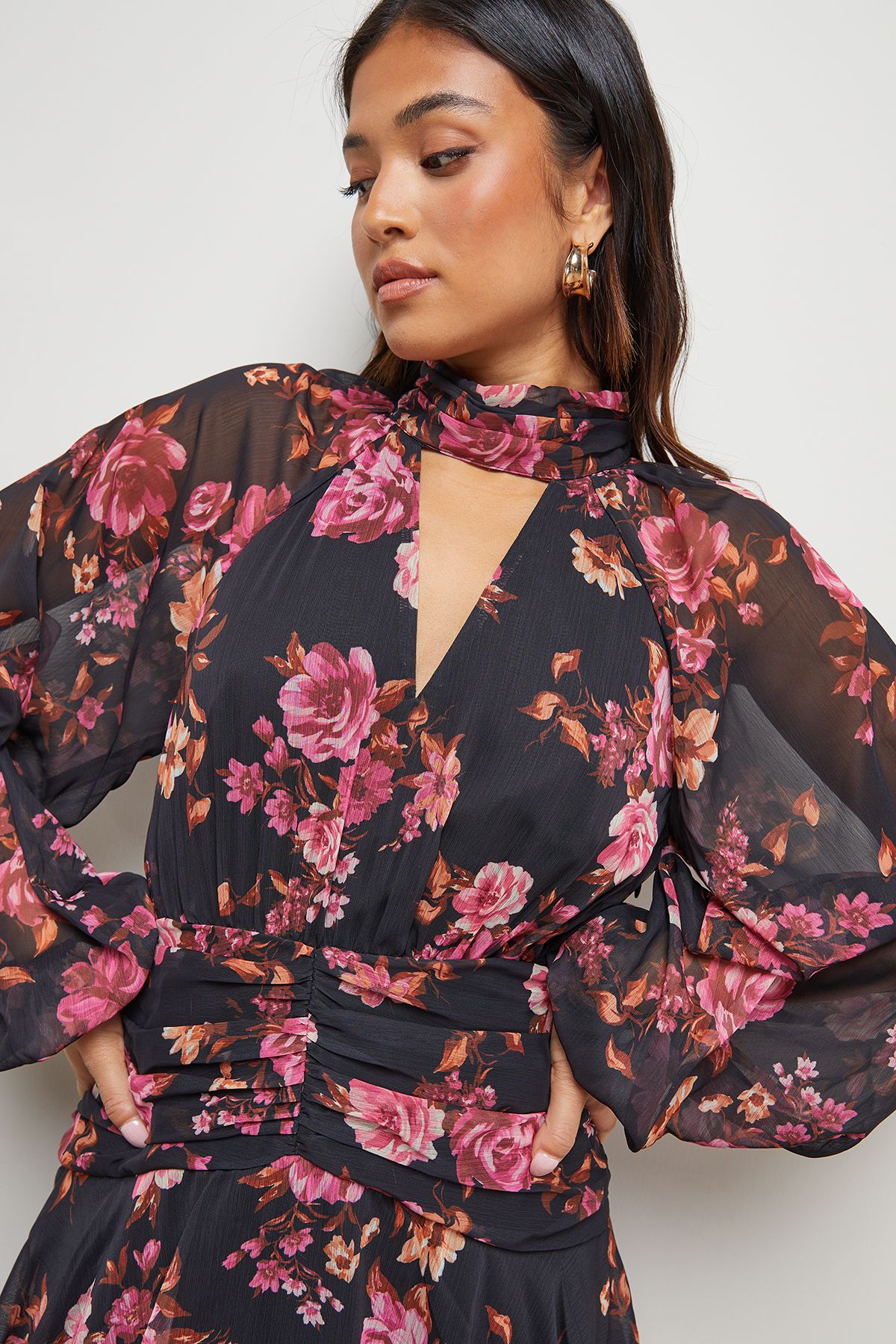 Oasis Petite Printed Ruffle Tiered High Neck Maxi Dress Black image 4