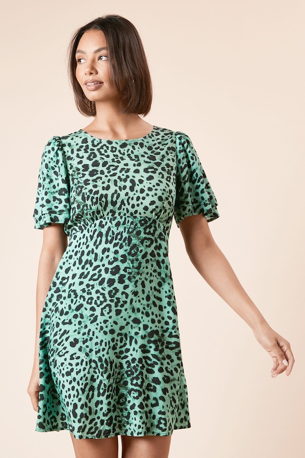 Dorothy Perkins Green Animal Double Frill Angel Sleeve Mini Dress Green