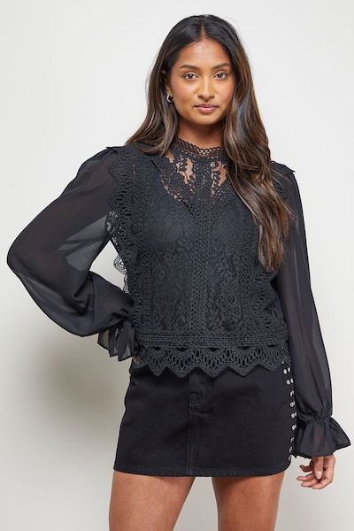 Oasis Sheer Lace Chiffon Sleeve Blouse Black