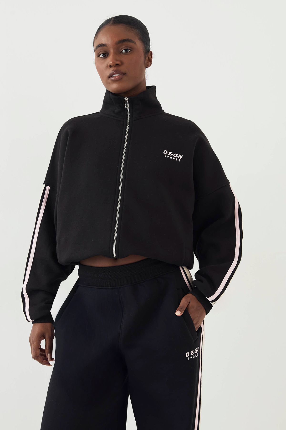 DSGN Studio DSGN Studio Sport Colour Block Funnel Neck Zip Through Sweatshirt Black