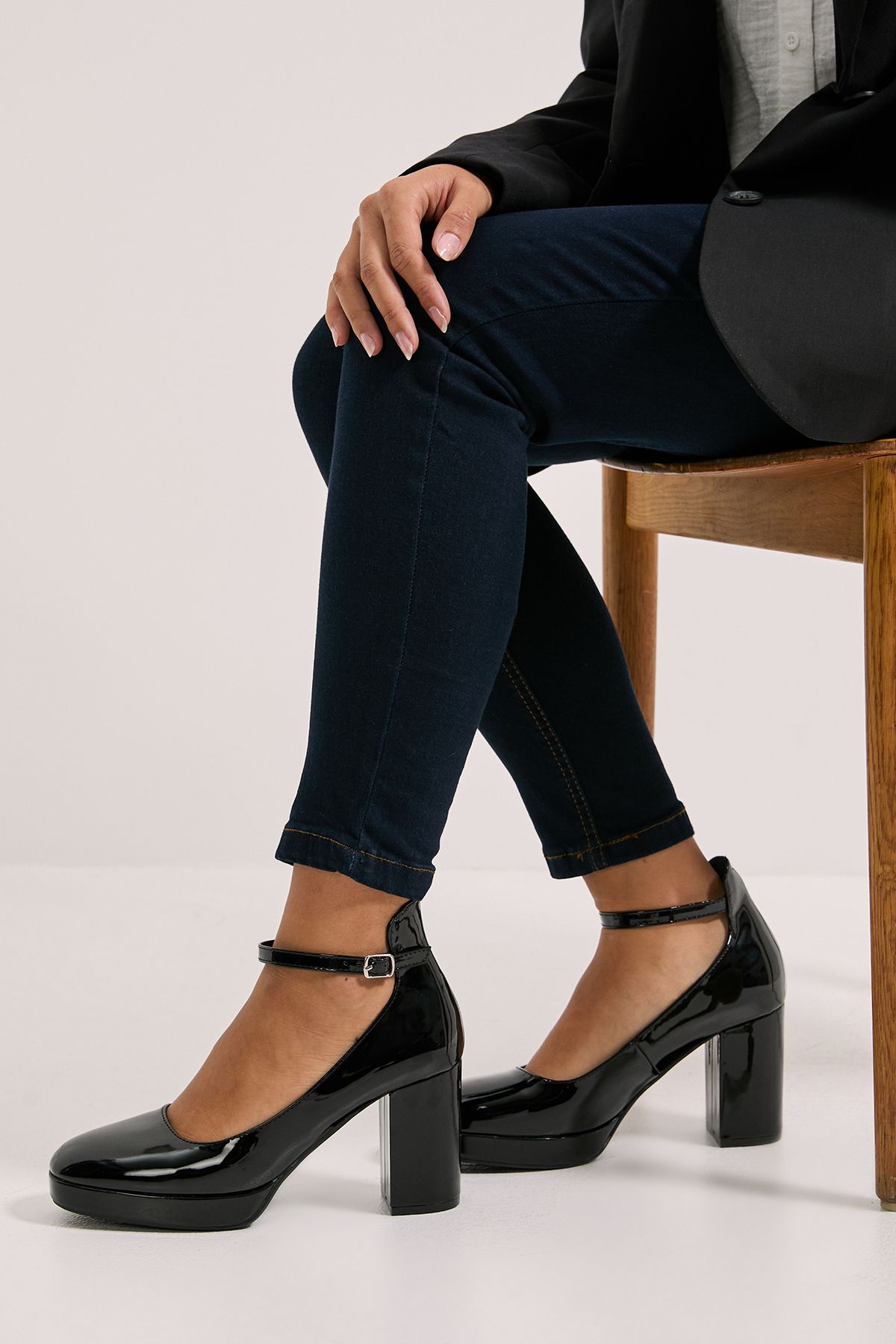 Dorothy Perkins Vanessa Faux Patent Leather Platform Ankle Strap High Block Heel Court Shoes True Black image 1