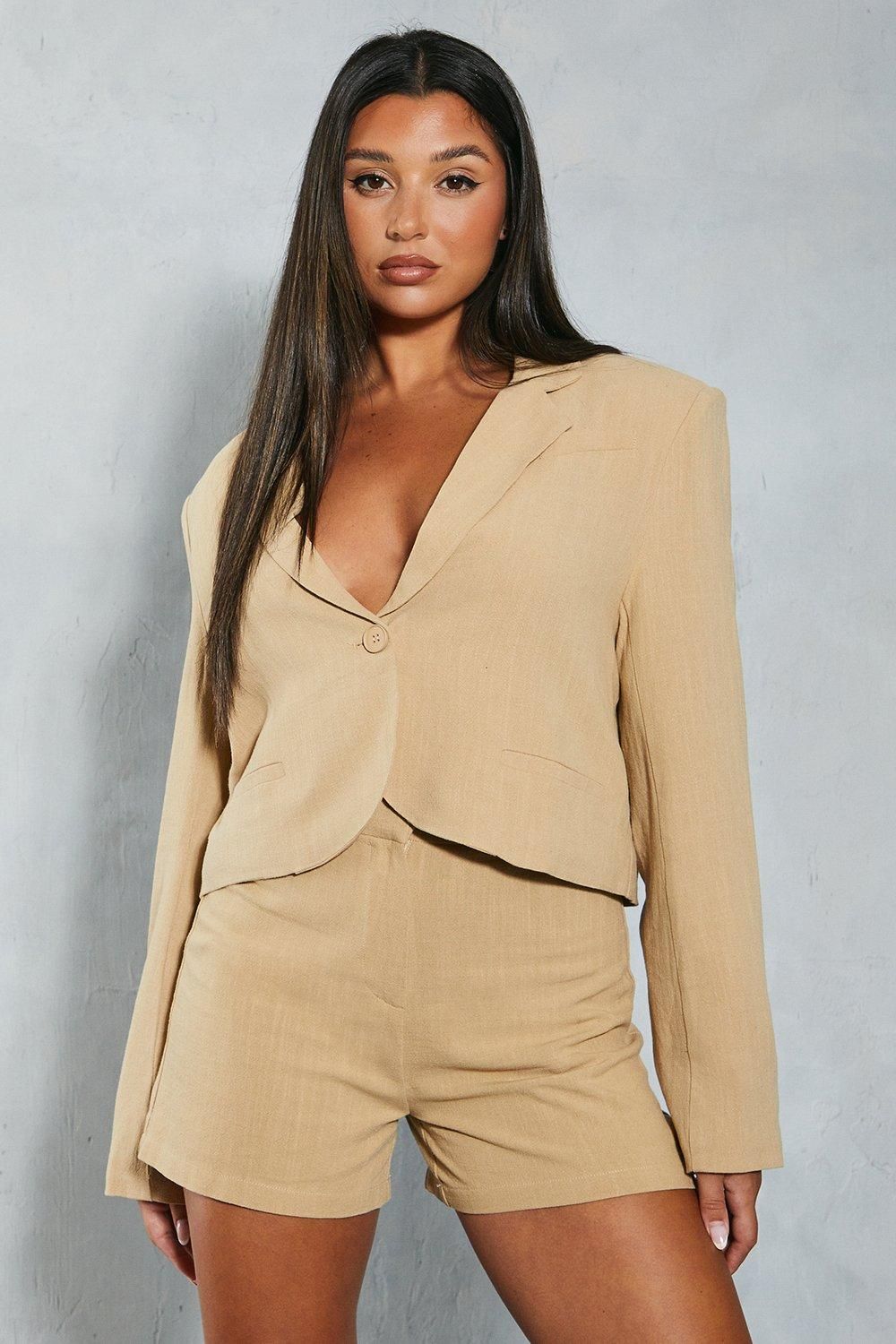 MissPap Textured Tailored Curved Hem Long Sleeve Blazer Camel image 1