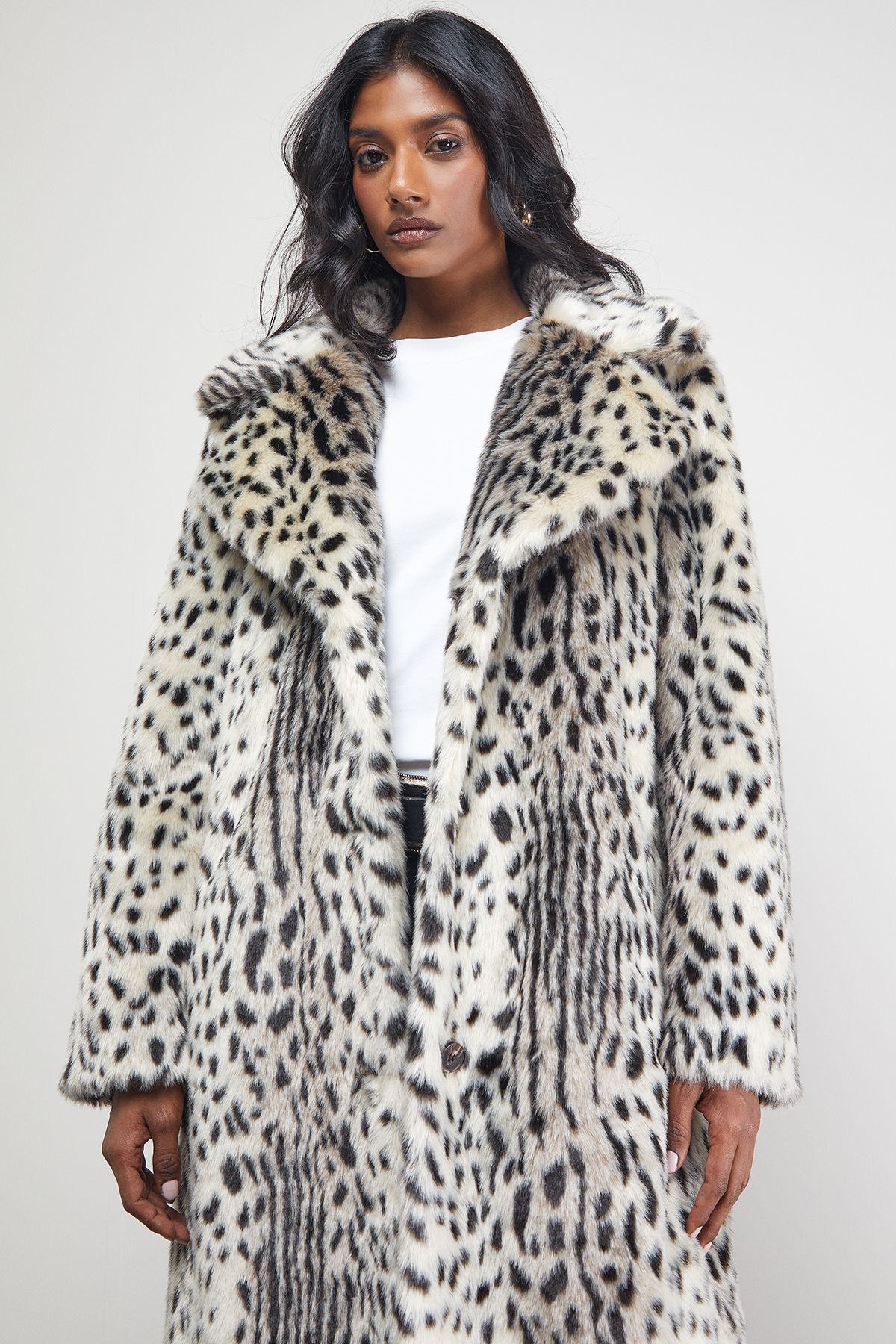 Warehouse Animal Maxi Collared Fur Coat Animal image 4
