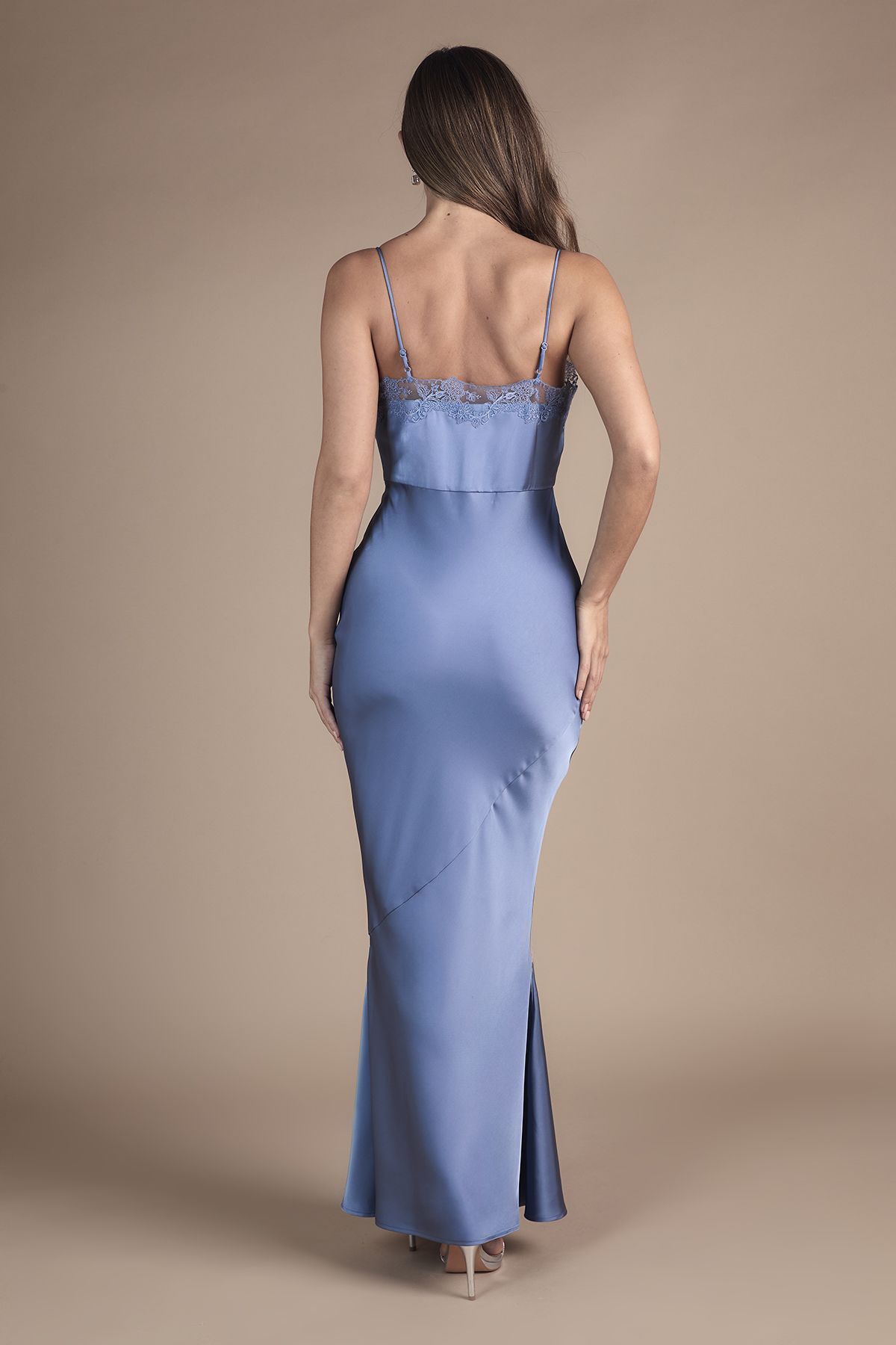 Oasis Oasis By Coast Lace Trim Strappy Satin Maxi Bridesmaid Dress Blue image 3