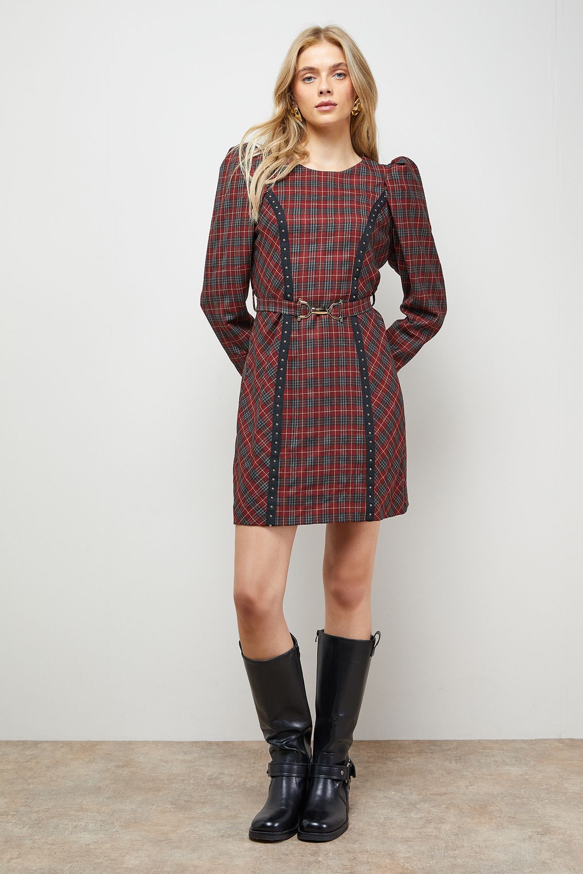 Oasis Checked Belted Crew Neck Mini Dress Burgundy image 2