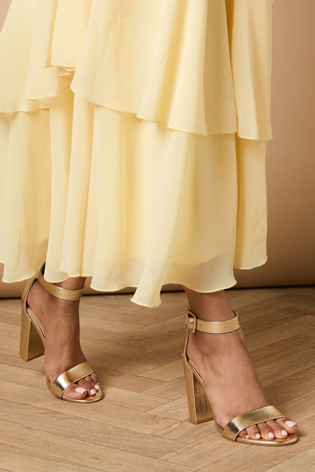 Oasis Milla Covered Buckle High Block Heel Sandals Gold