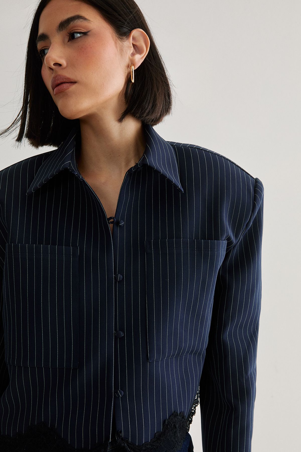NastyGal Lace Hem Tailored Pinstripe Jacket Navy image 3