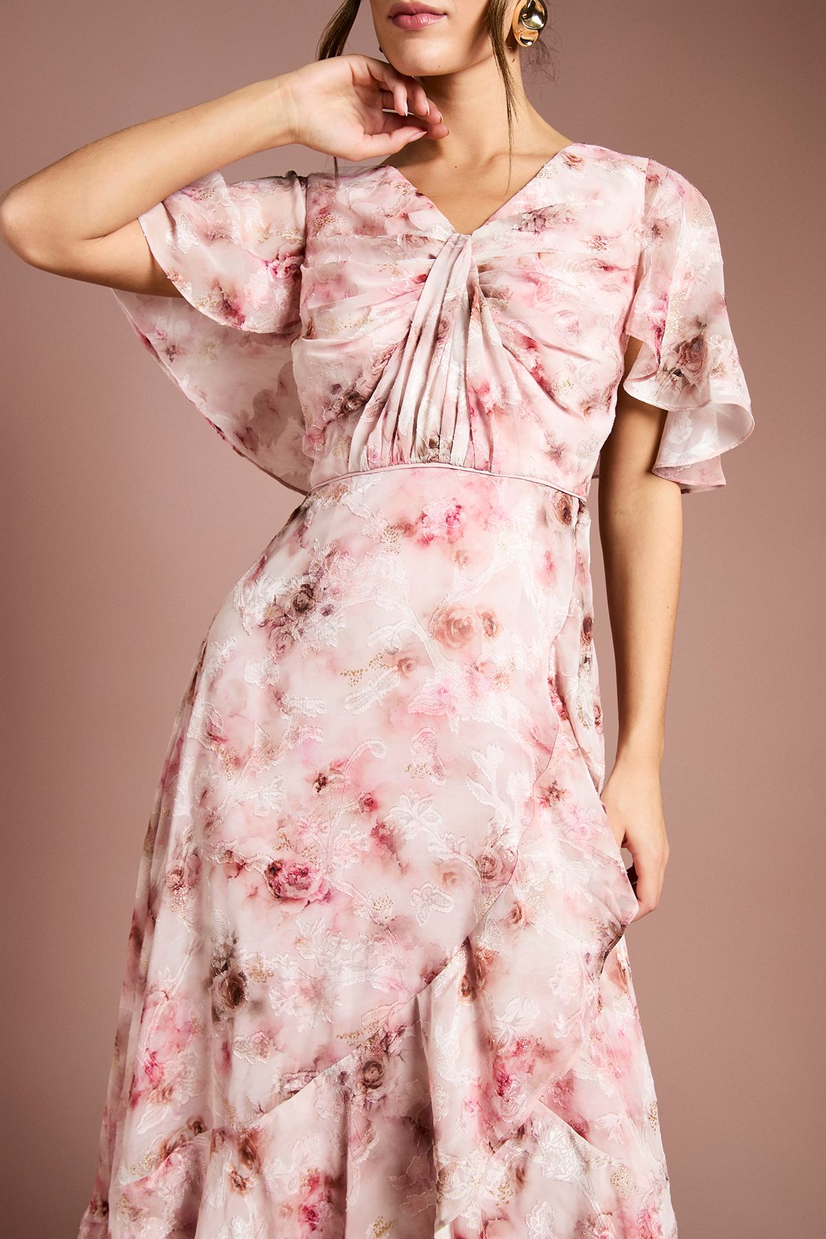 Coast Printed Satin Jacquard Twist Front Midi Dress Blush image 2