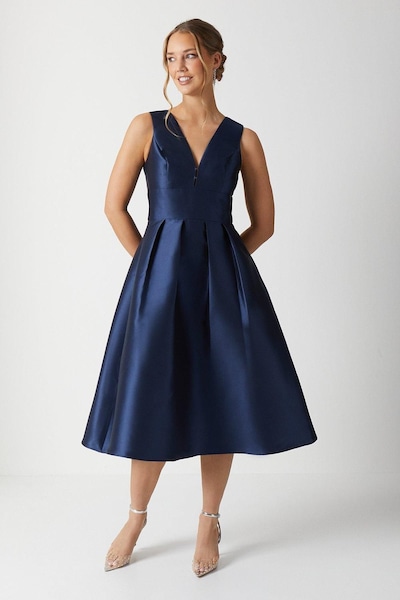 Coast Plunge Neck Structured Twill Midi Bridesmaid Dress Navy