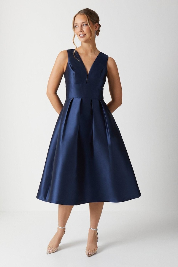 Coast Plunge Neck Structured Twill Midi Bridesmaid Dress Navy