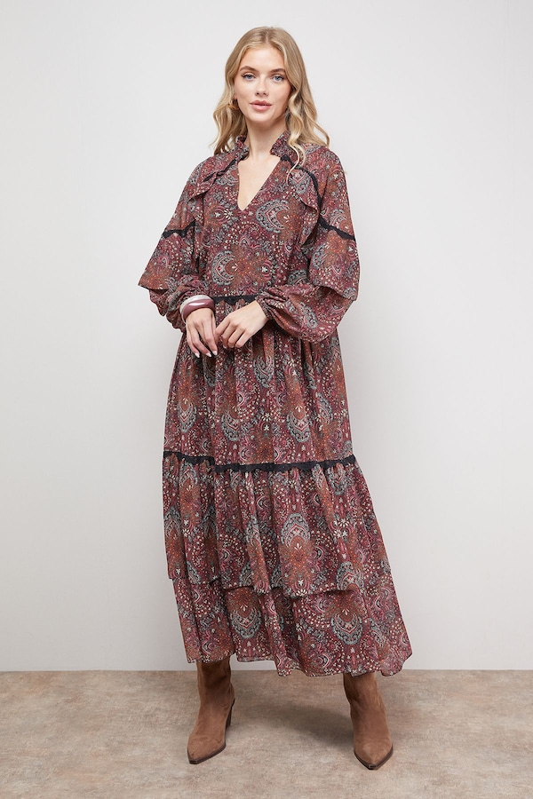 Oasis Printed Cape Detail Lace Trim Boho Maxi Dress Brick Red