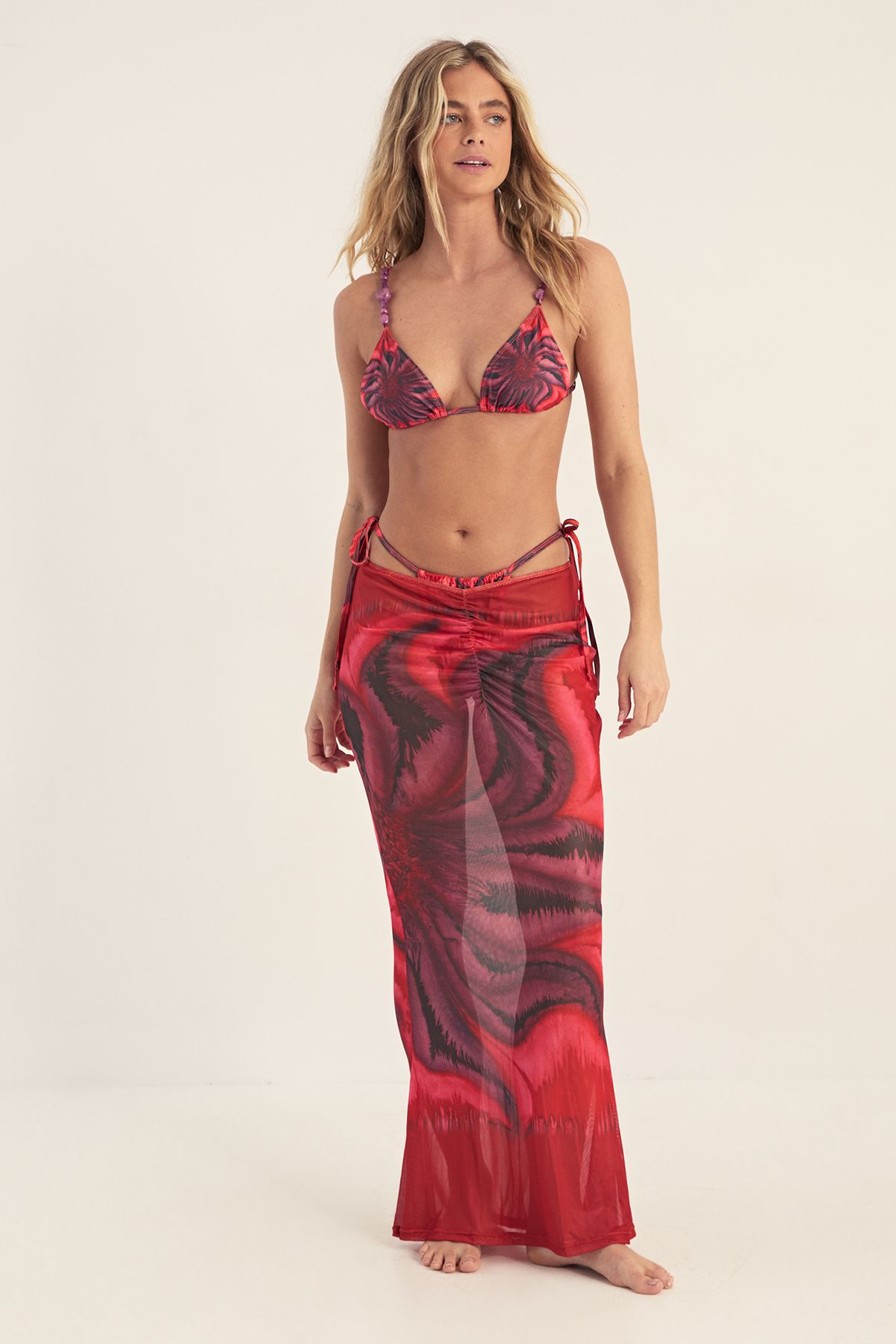 NastyGal Floral Placement Beaded Triangle 3pc Maxi Skirt Bikini Set Red image 1