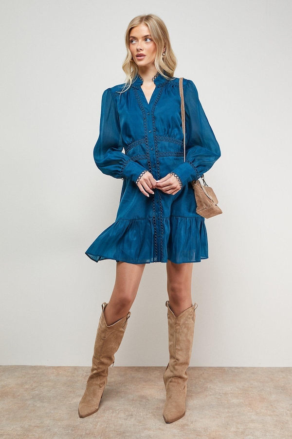 Oasis Plain Lace Trim Boho Shirt Mini Dress Teal
