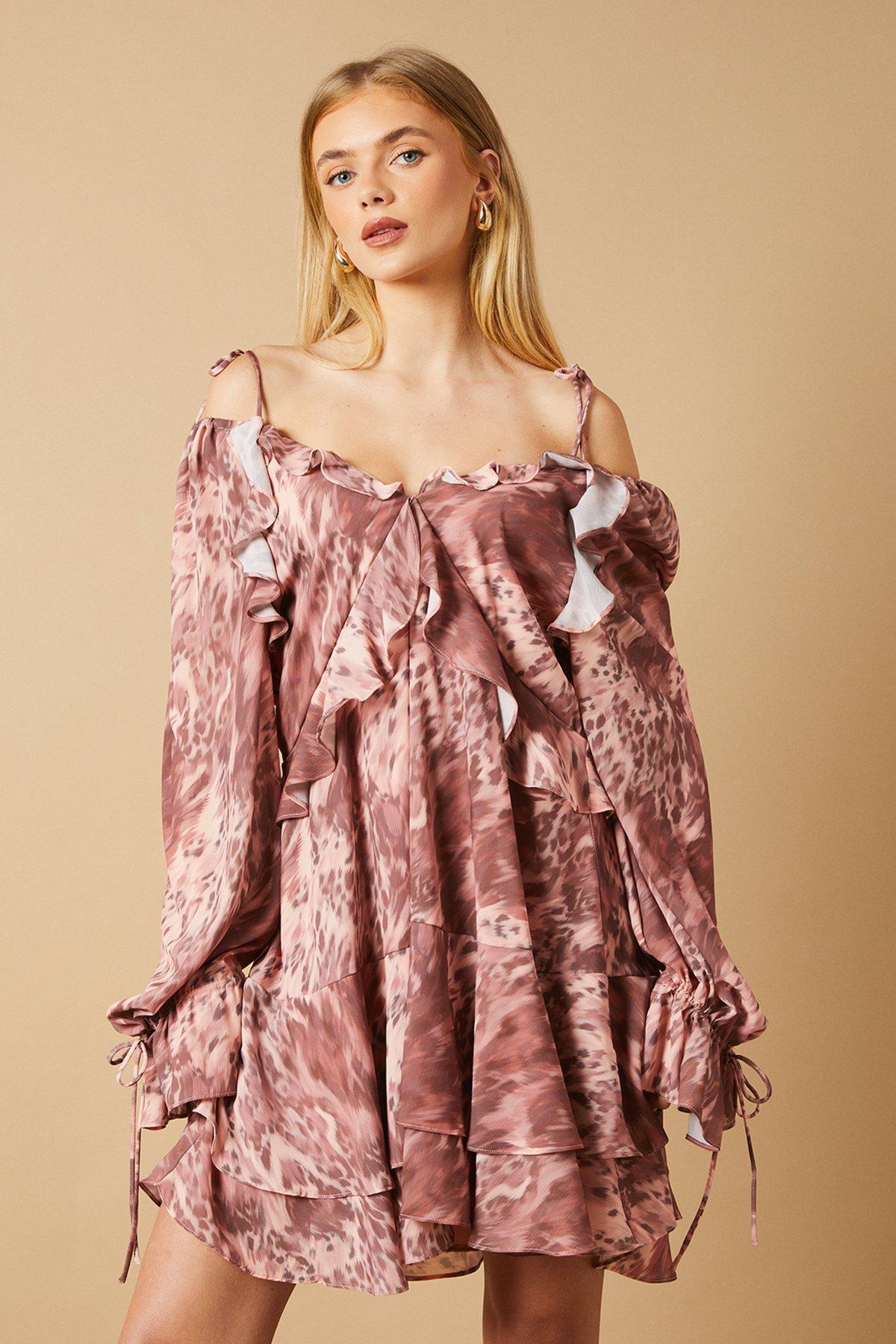 Oasis Cow Printed Ruffle Detail Mini Dress Multi image 1