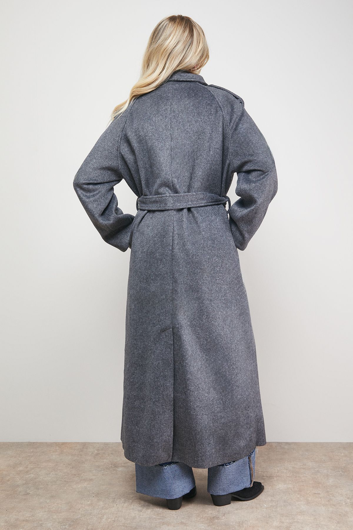 Oasis Funnel Sleeve Detail Belted Coat Grey image 4