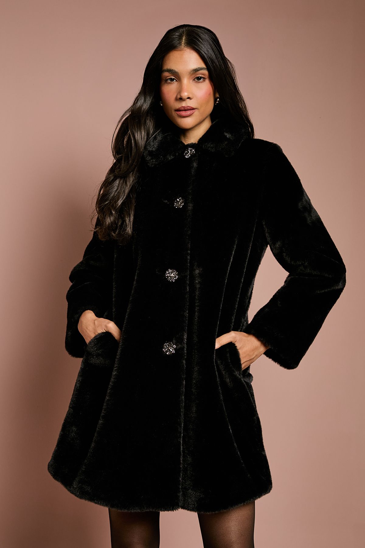 Coast Black Diamante Faux Fur Button Through Occasion Coat Black image 2