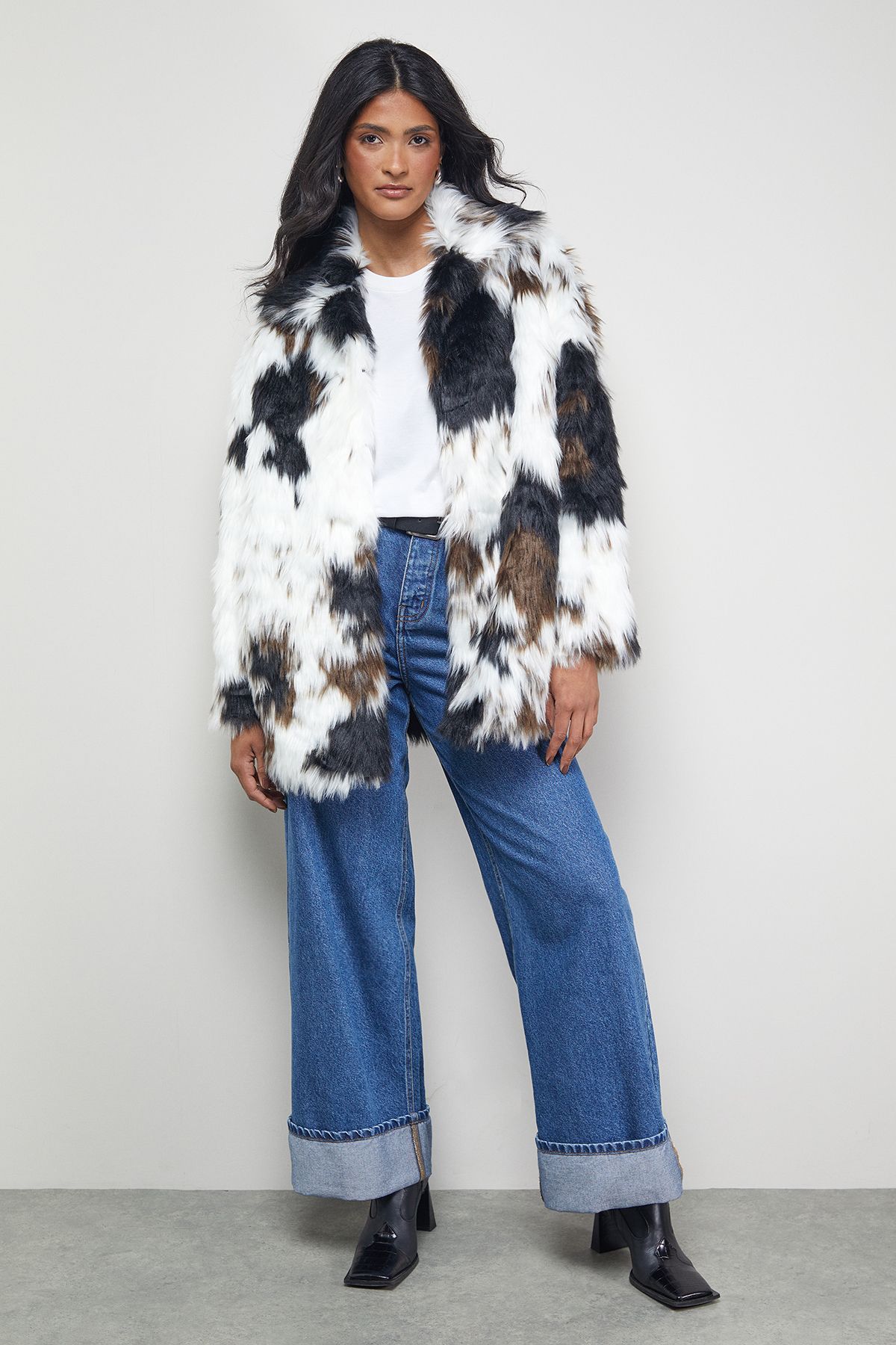 Warehouse Premium Funnel Neck Mono Cow Print Faux Fur Coat Mono image 2