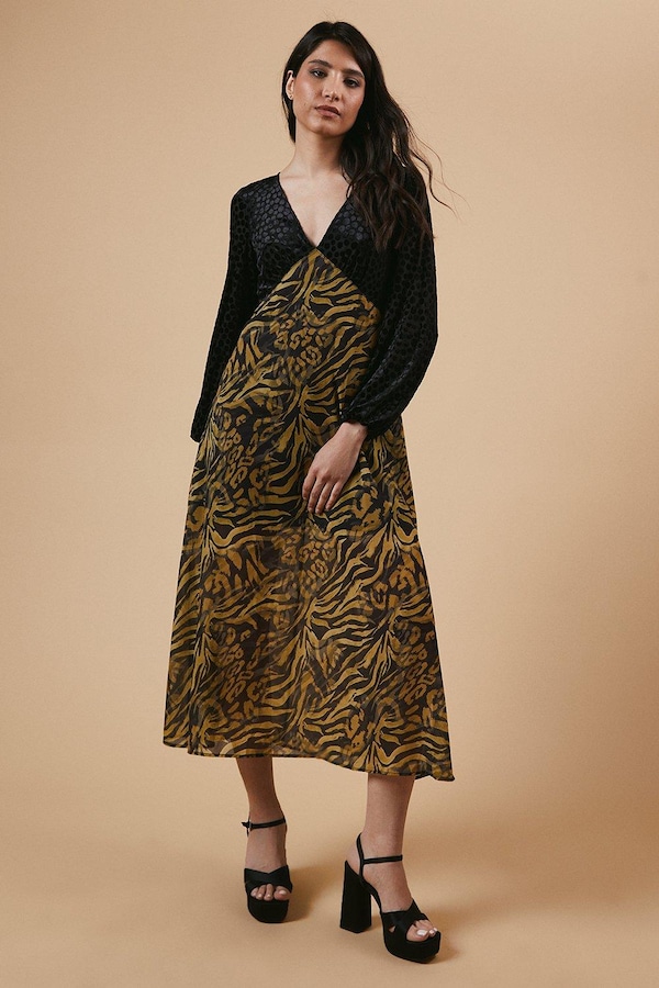 Oasis Occasion Animal Spot Bodice Midi Dress Black