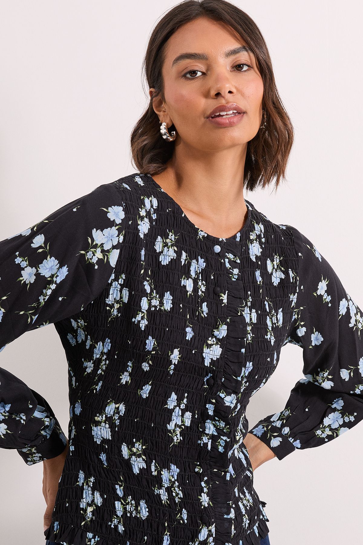 Dorothy Perkins Floral Shirred Bodice Button Through Top Floral image 4