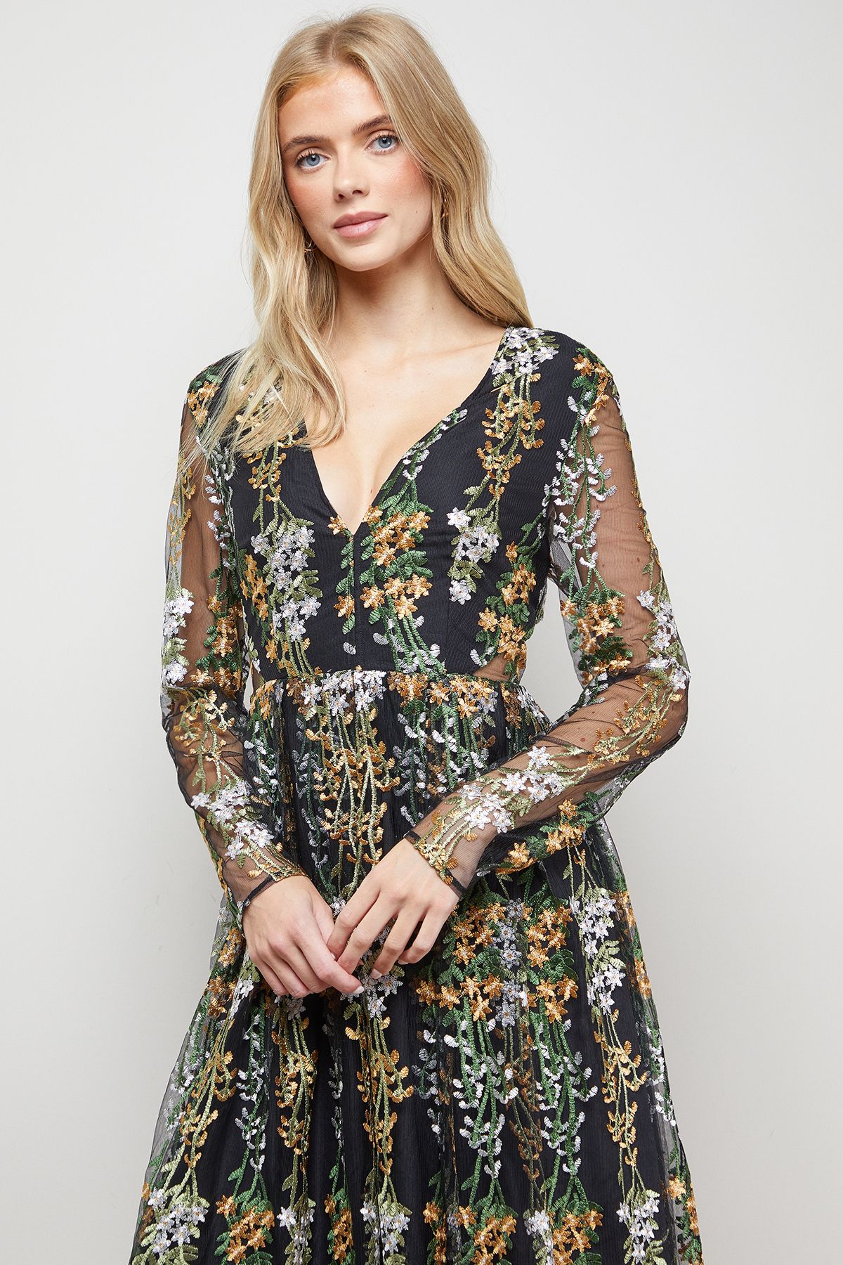 Oasis Floral Ruffle Open Back Long Sleeve Midi Dress Multi image 2