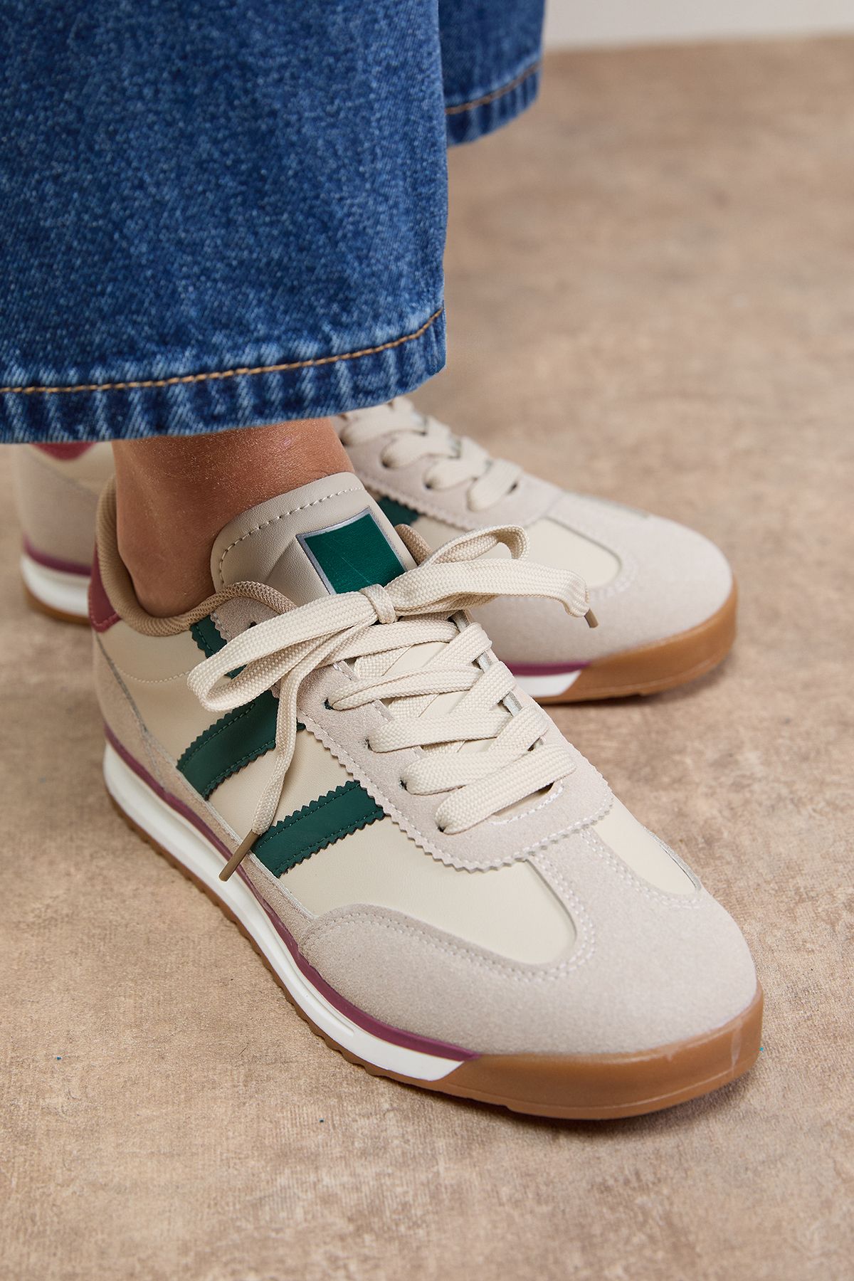 Oasis Ingrid Mixed Material Lace Up Trainers Beige image 4