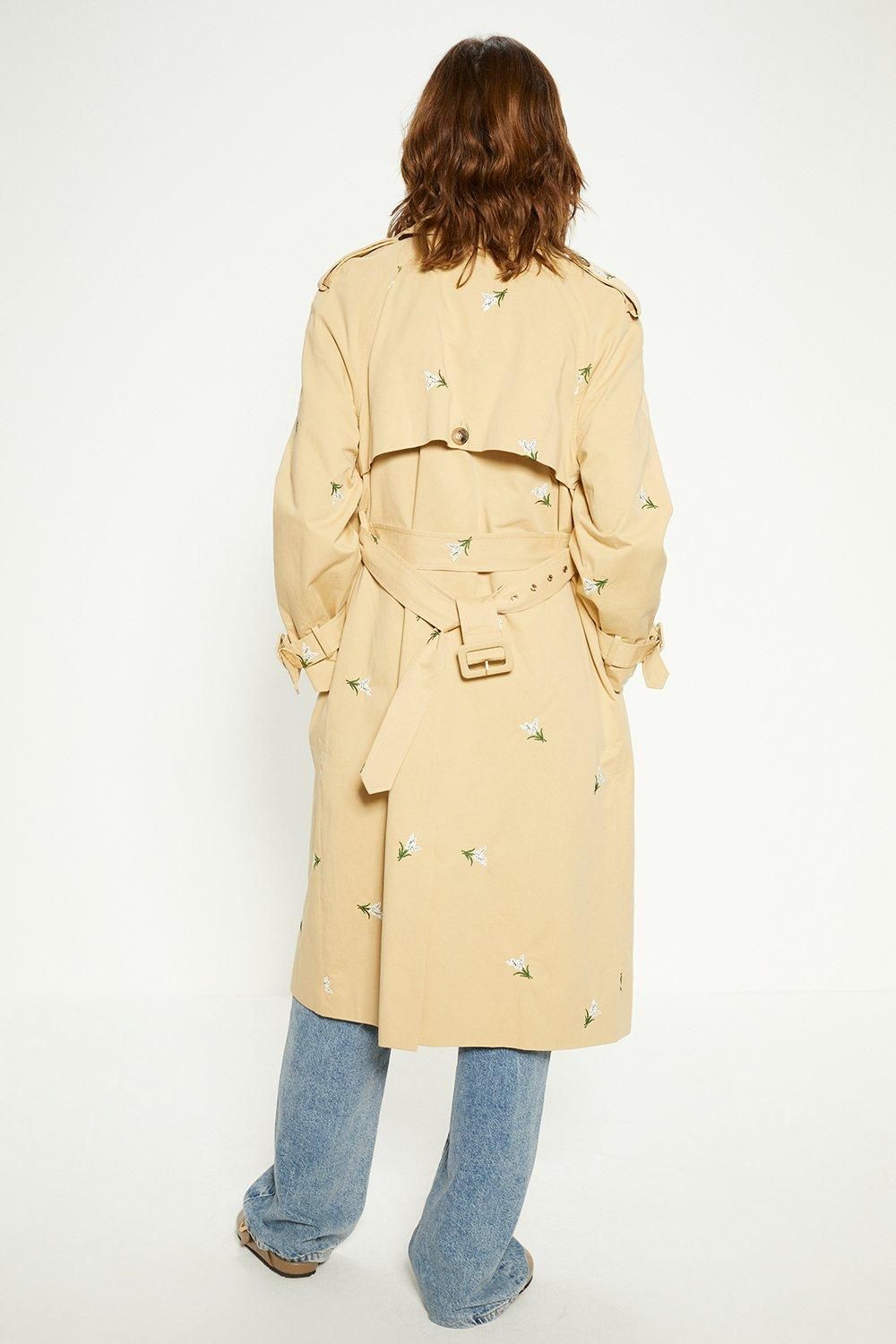 Oasis Petite Embroidered Trench Coat Beige image 3
