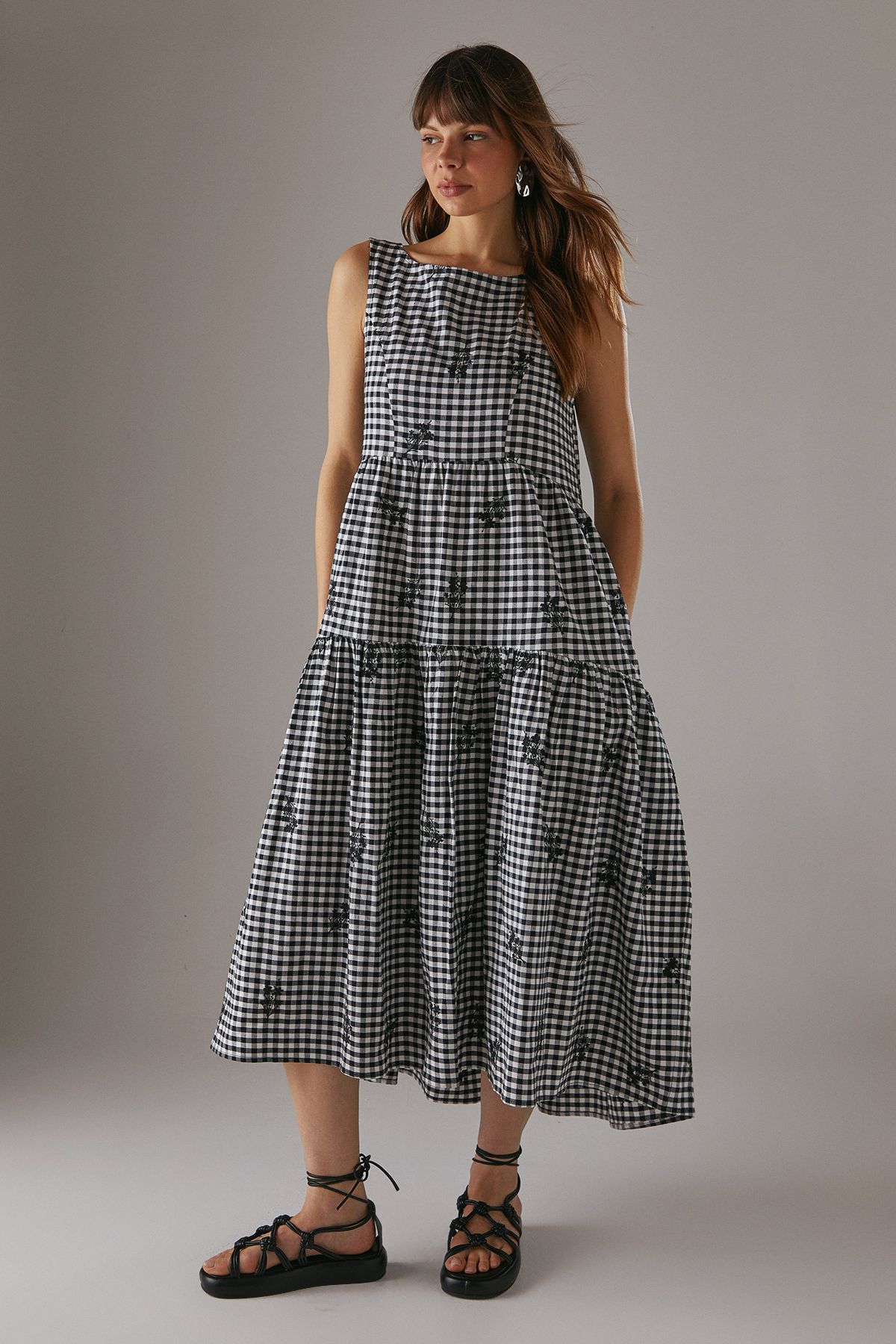 Warehouse Embroidered Gingham Sleeveless Midi Sundress Black