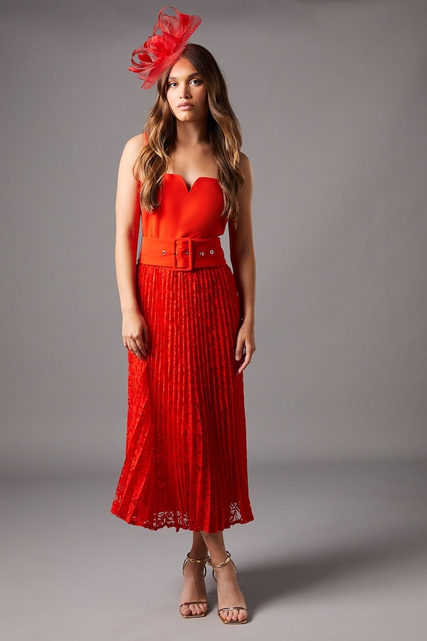 Coast Notch Neck Pleated Lace Skirt Midi Dress Red