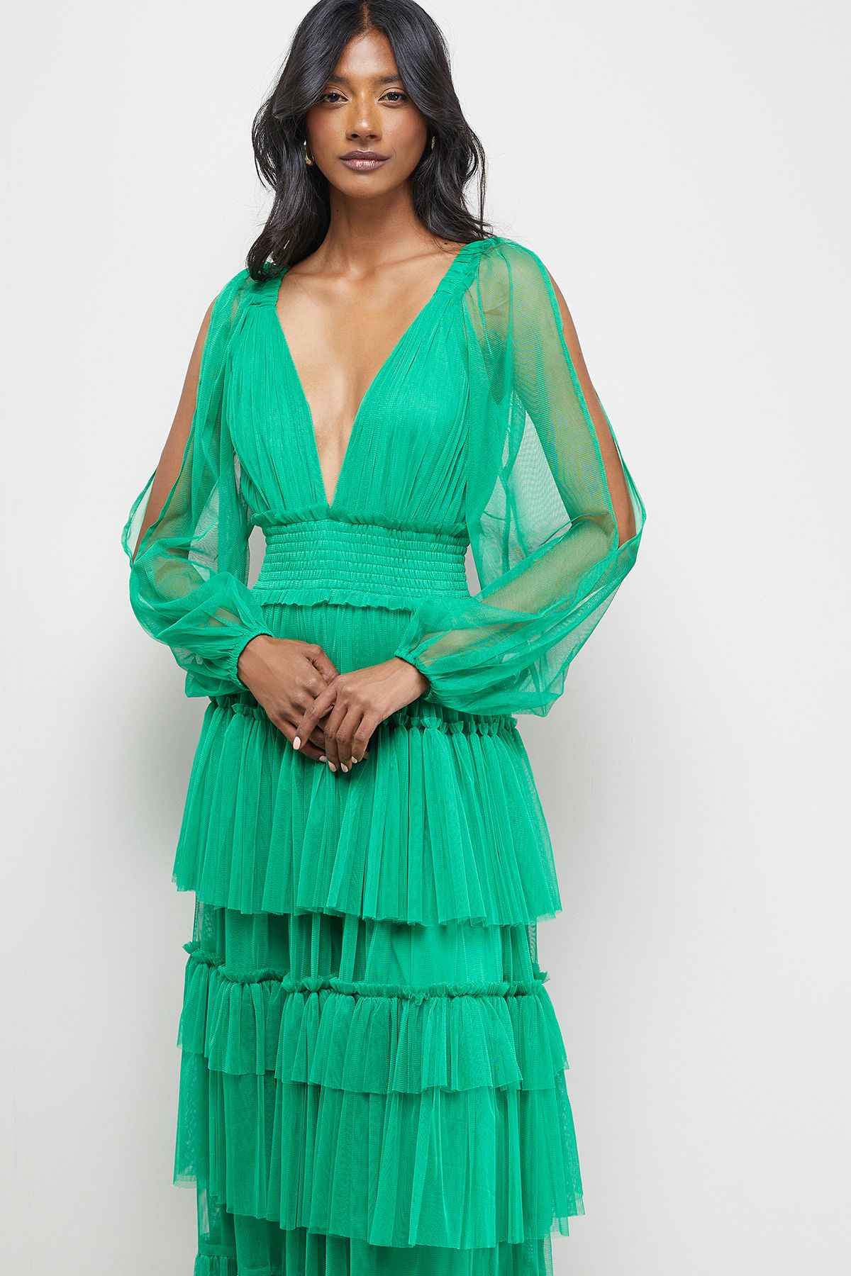 Warehouse Tulle Long Sleeve Cinched Waist Maxi Dress Green image 4