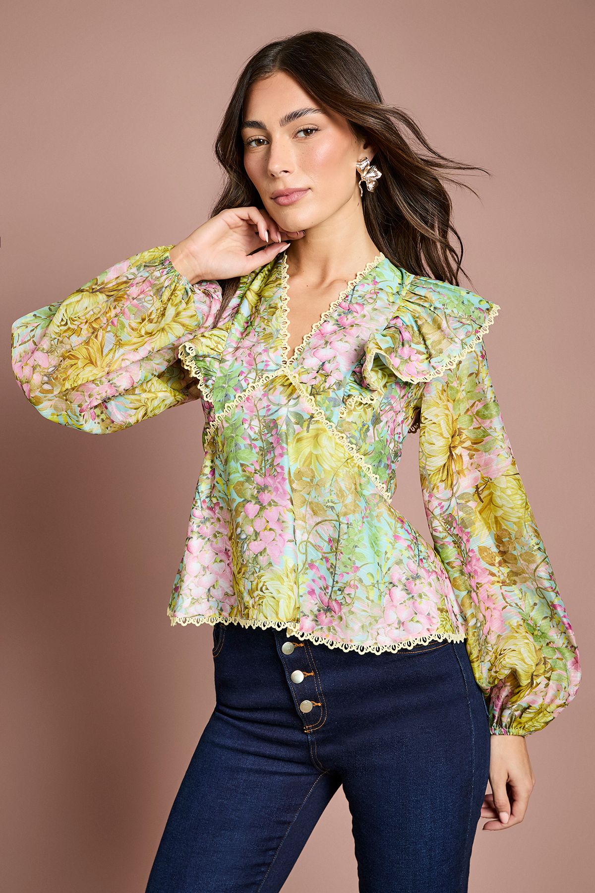 Coast Lace Trim V Neck Organza Blouse Multi image 1