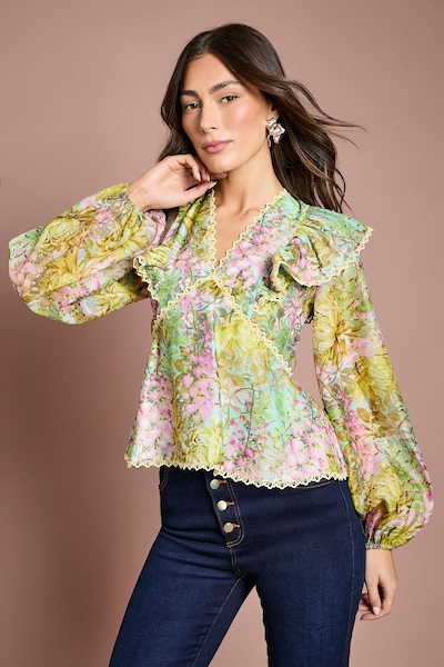 Coast Lace Trim V Neck Organza Blouse Multi